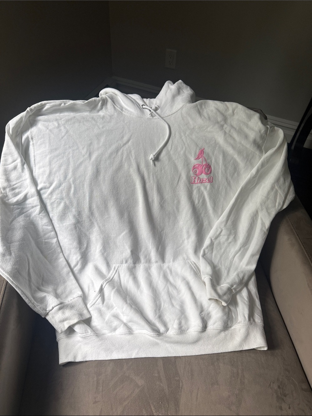 hazel White Pullover Hoodie with Pink Logo